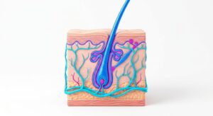 모낭 구조와 생착 원리를 보여주는 3D 의학 일러스트